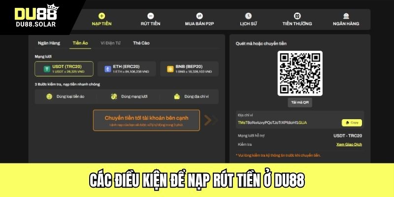 Các điều kiện để nạp rút tiền ở DU88